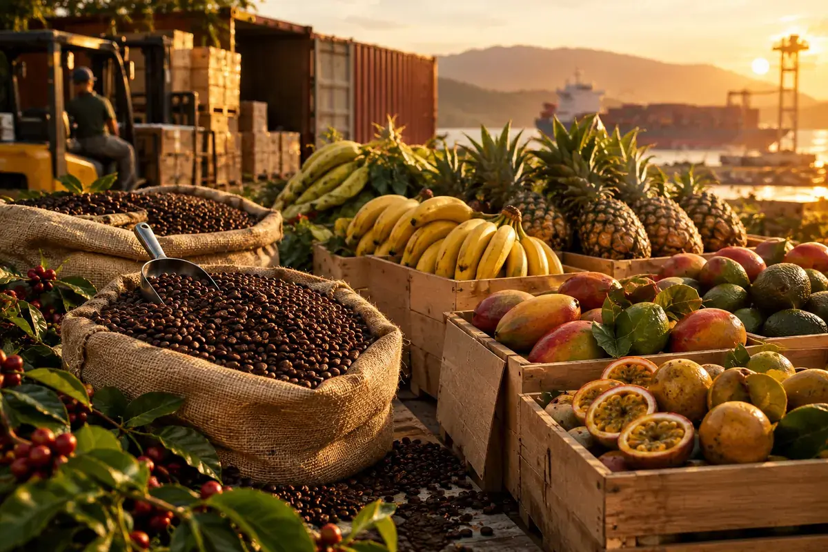 Sacos de café en grano y cajas con bananos, piñas, mangos y maracuyás, con un puerto al fondo.