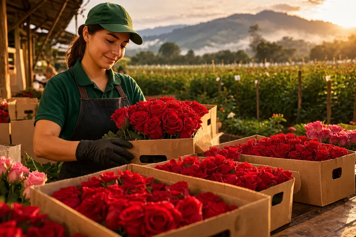 Trabajadora empacando rosas rojas en cajas de cartón, en un cultivo de flores con montañas al fondo.