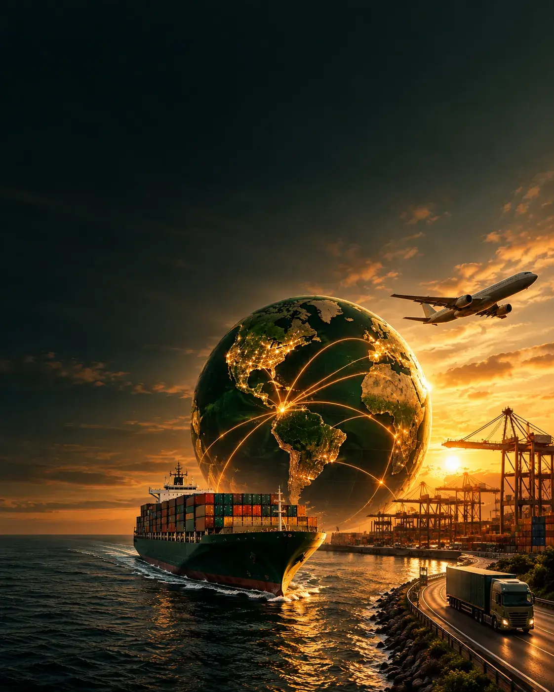 Globo terráqueo con rutas iluminadas que salen del norte de Sudamérica hacia el mundo, junto a un buque portacontenedores, un avión, grúas de puerto y un camión al atardecer.