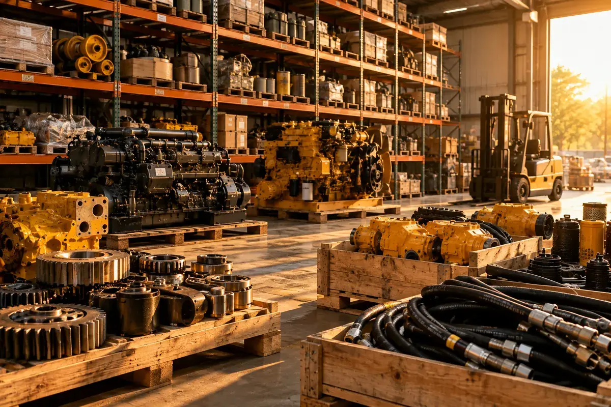 Bodega con motores, engranajes, mangueras y repuestos industriales sobre estibas, y un montacargas.