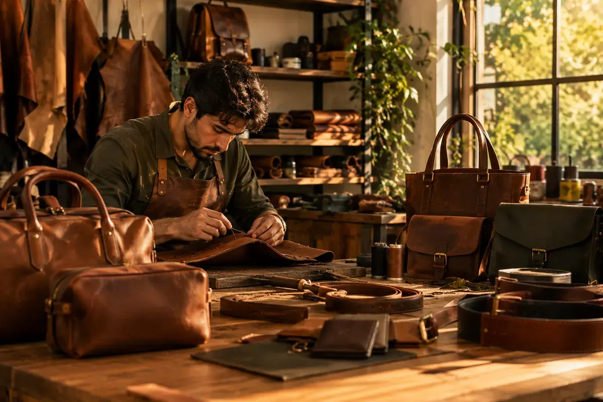 Artesano cosiendo cuero en un taller rodeado de bolsos, maletines y cinturones de cuero.