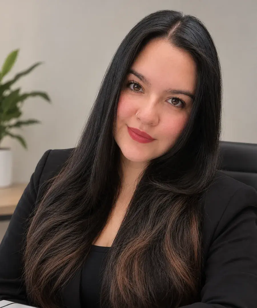 Retrato de Vanessa: cabello largo y oscuro, chaqueta negra, sonriendo en una oficina con plantas.