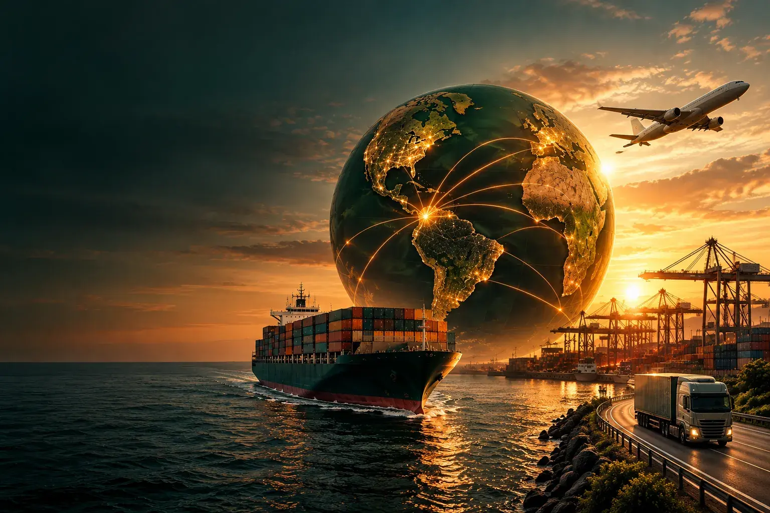 Buque portacontenedores, globo terráqueo con rutas iluminadas, avión, grúas de puerto y camión al atardecer.